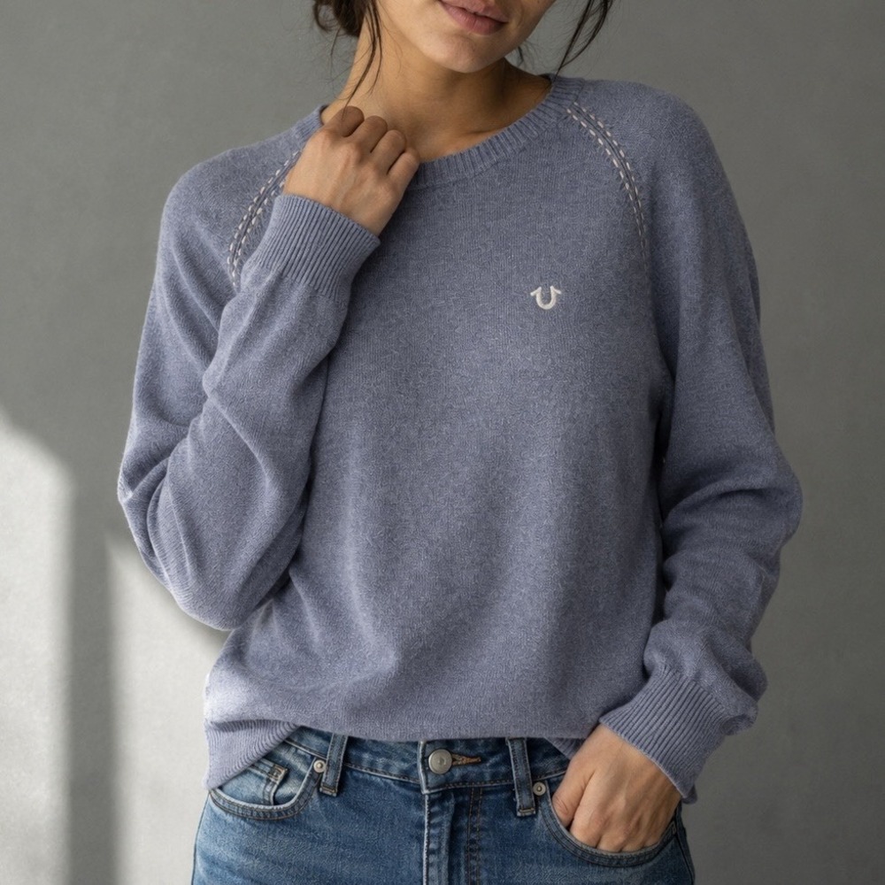 True Religion cashmere blend sweater women's L gray embroidered horseshoe logo